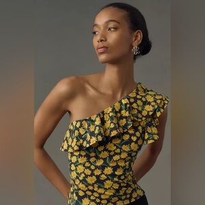 NWT Anthropologie Maeve One Shoulder Ruffled Top Yellow Floral Size Medium